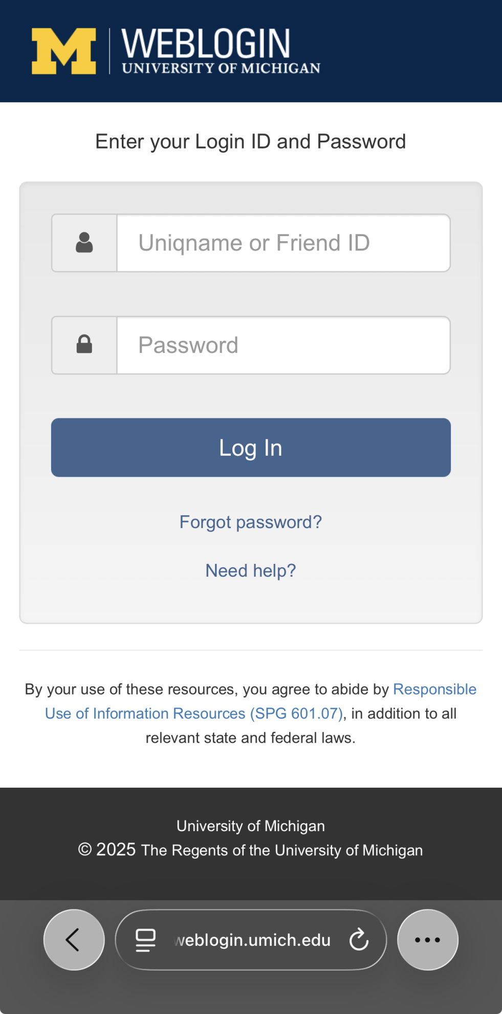 Current Mobile U-M Weblogin Sign-In Screen